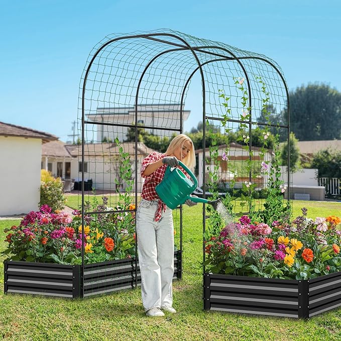DoCred Galvanized Raised Garden Bed with 87" H Arch Trellis for Climbing Plants, Raised Outdoor Planter Garden Box with Climbing Netting for Gardening, Climbing Vegetables, Flower, Black