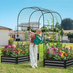 DoCred Galvanized Raised Garden Bed with 87" H Arch Trellis for Climbing Plants, Raised Outdoor Planter Garden Box with Climbing Netting for Gardening, Climbing Vegetables, Flower, Black