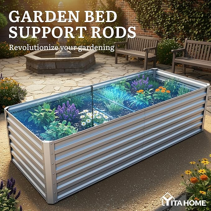 YITAHOME 6x3x2ft Large Raised Garden Bed Kit, Galvanized Metal Planter Box with Gloves, Support Rod, Outdoor Above Ground Planters for Plants, Vegetables, Flowers, Silver