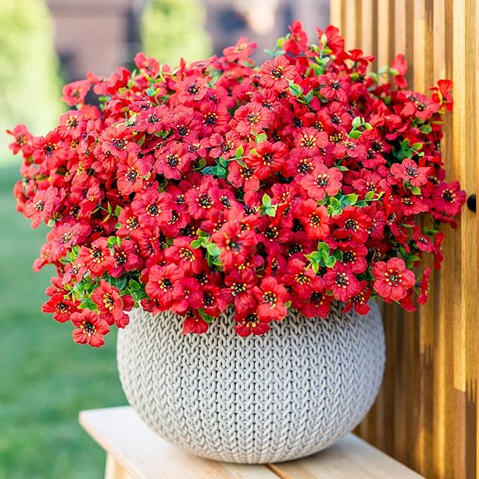 AXYLEX Artificial Flowers for Outdoors Fake Plants - 16 Bundles Faux Outside Greenery Boxwood No Fade Plastic Shrubs Fall Decor Farmhouse Home Garden Thanksgiving Mums (PureRed)