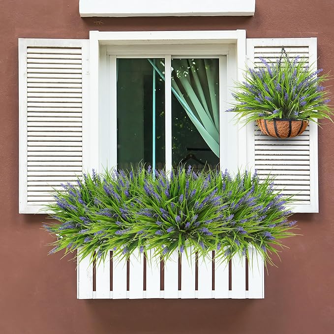 Sggvecsy 24 Bundles Artificial Plants Outdoor Faux Lavender Flowers Fake Monkey Grass UV Resistant Plastic Greenery Plants for Garden Home Porch Window Patio Hanging Planter Indoor Decor (Purple)