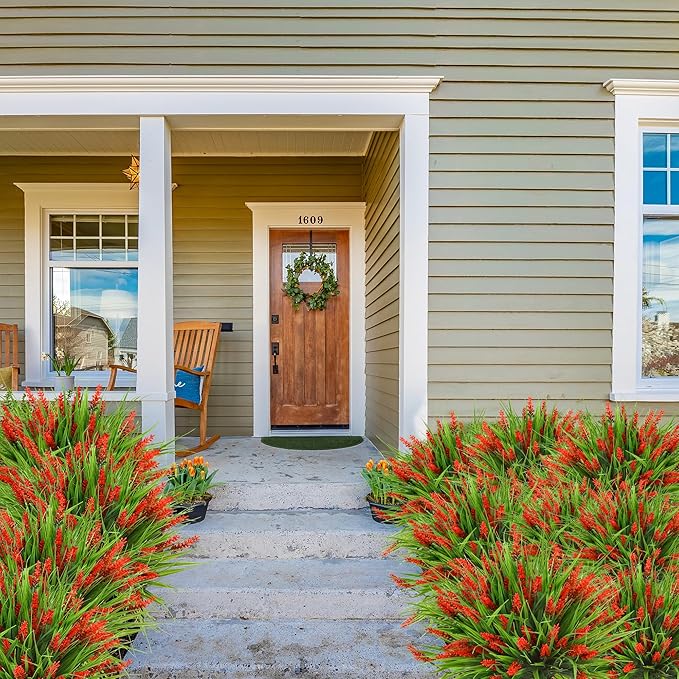 Sggvecsy 24 Bundles Artificial Plants Outdoor Faux Lavender Flowers Fake Monkey Grass UV Resistant Plastic Greenery Plants for Garden Home Porch Window Patio Hanging Planter Indoor Decor (Red)
