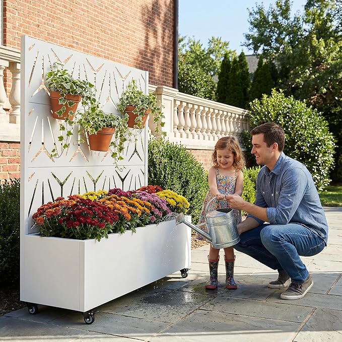 Casaphoria Metal Raised Garden Bed with Trellis and Wheels, 47"x47"x16" Planter Box for Climbing Plants, Vegetables & Vines, Features Drainage Holes and Privacy Screen, White-Star