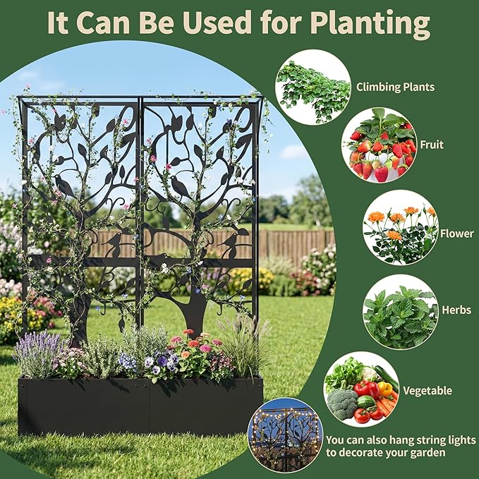 Metal Planter Box with Trellis Set of 2, Outdoor Privacy Planters for Patio, Tall Raised Garden Bed for Climbing Plants, Vegetables, Fruits, Balcony, Outside, 62.4 x 12.2 x 44.6 Inch, 2PCS, Black