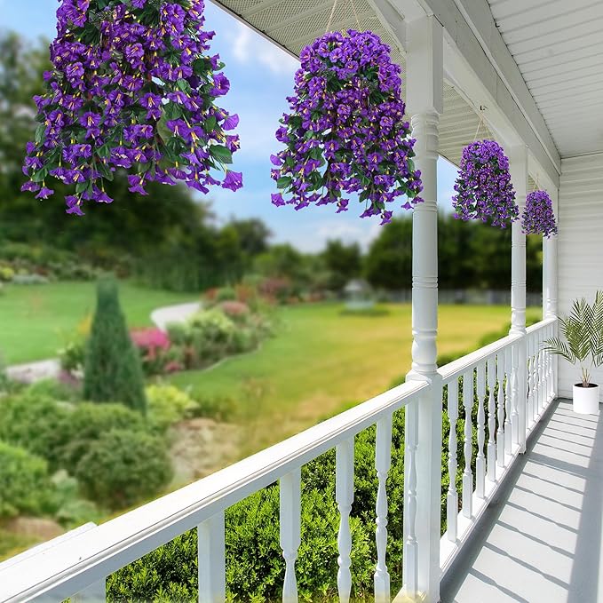 Sggvecsy Artificial Fake Hanging Flowers Plants for Outdoor Outside Spring Summer Decoration 2PCS Faux Silk UV Resistant Realistic Morning Glory Trailing Vines for Home Porch Patio Balcony(Purple)