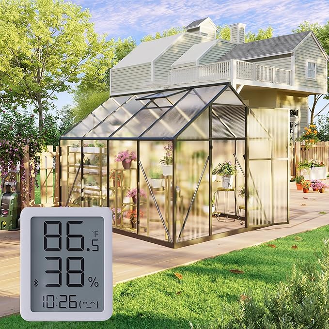 6x8 FT Garden Greenhouse with Hygrometer, Polycarbonate Greenhouse with Heavy Duty Aluminum Frame, Quick Setup Plant Gardening Green Houses for Outside with Lockable Door & Vented Roof Window