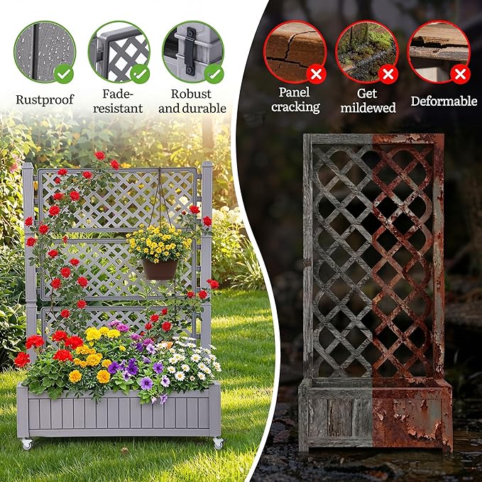 YITAHOME 42.5x14.2x61 in Planter Box with Trellis/Outdoor Privacy Screen, All-Weather Raised Garden Bed with Wheels & Drain Plug for Climbing Plants Flowers Herbs, Brown