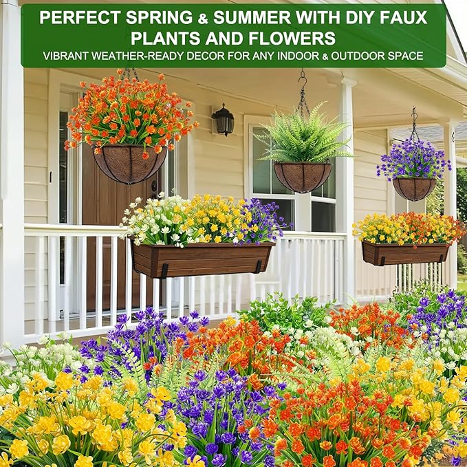 TURNMEON 20 Bundles Artificial Flowers for Outdoors, Spring Grass Camellia Fake Flowers Fern Plants Eucalyptus UV Resistant No Fade Greenery for Garden Porch Indoor Cemetery Summer Decor(Mix 6 Styles)