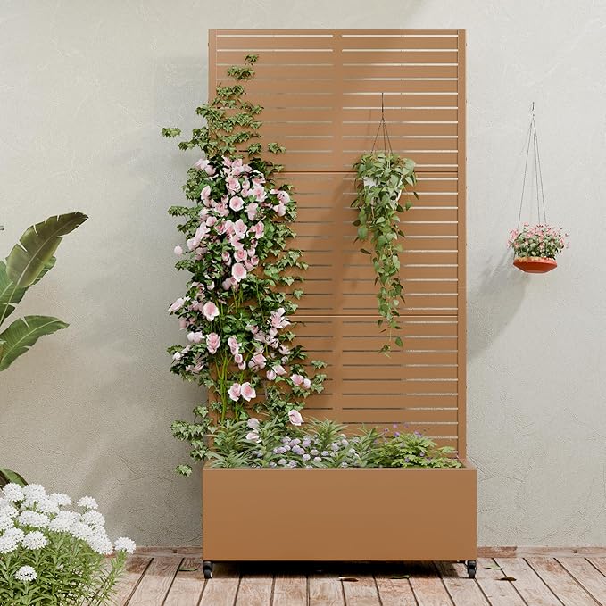Casaphoria Metal Raised Garden Bed with Trellis and Wheels, 72"x35"x16" Planter Box for Climbing Plants, Vegetables & Vines, Features Drainage Holes and Privacy Screen (Brown-Louvered)