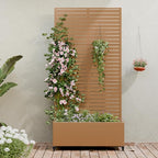 Casaphoria Metal Raised Garden Bed with Trellis and Wheels, 72"x35"x16" Planter Box for Climbing Plants, Vegetables & Vines, Features Drainage Holes and Privacy Screen (Brown-Louvered)