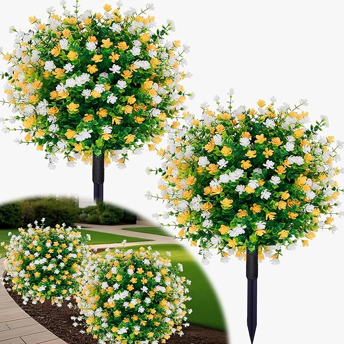 2 Pack Artificial Boxwood Topiary Ball Tree with Spike,15.75" Outdoor UV Resistant Fake Plants Shrubs Bushes,Faux Flower Evergreen for Pot Fillers Planter Porch Yard Outside Spring Decoration