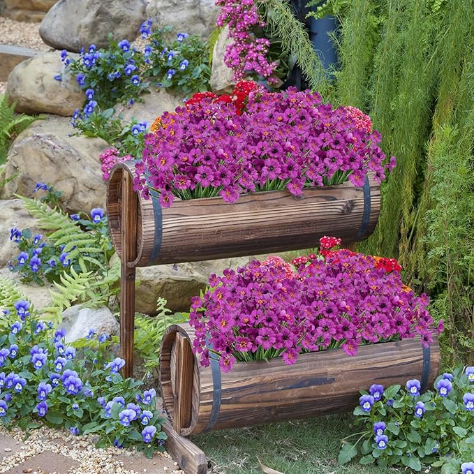 Bassion 24 Bundles Artificial Flowers for Outdoors Decoration, UV Resistant Purple Silk Fake Faux Flowers Artificial Plants for Outside Window Box Porch Garden Home Decor