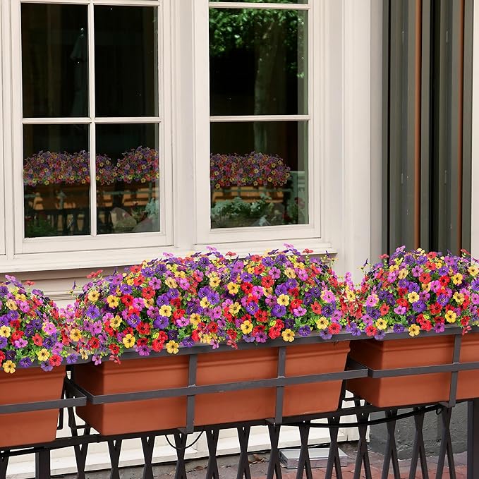 Ammyoo Artificial Flowers for Outdoors Potted Spring Decor, 12 Bundles Fake Summer Daisy with Realistic Eucalyptus Leaves, Faux Plants for Greenery Boxwood Porch Patio Garden Pot Lawn