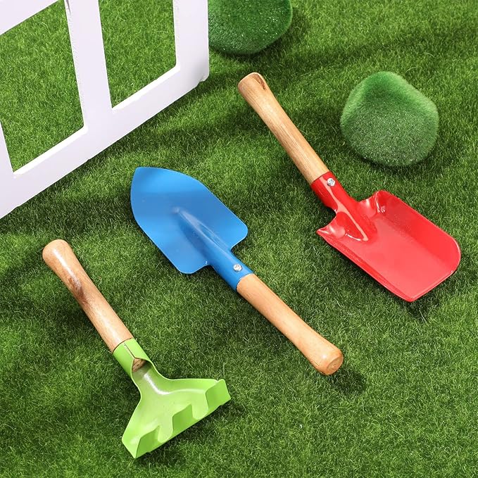 Tarpop 9 Pcs Kids Gardening Tools Set, Metal Kids Yard Tools with Sturdy Wooden Handle Safe Children Beach Sandbox Toy Sand Play Kit for Flower Soil Planting Loosening Digging, Trowel, Rake, Shovel