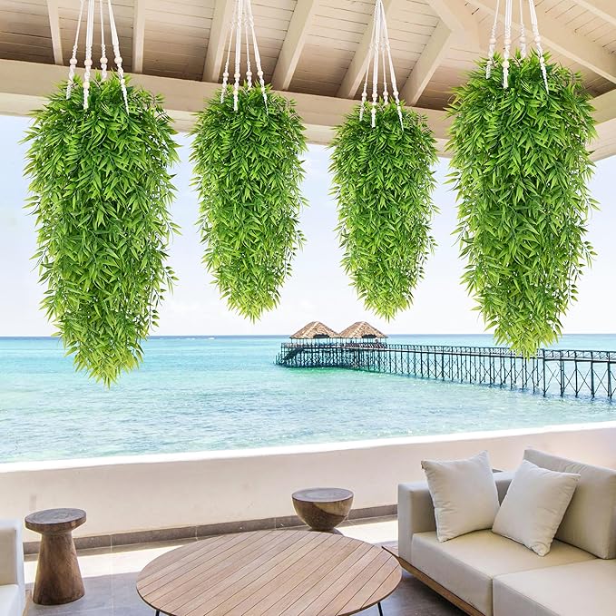 Waipfaru 4Pcs Artificial Hanging Plants, Fake Willow Leaves Vines Fake Hanging Plants for Outdoors UV Resistant Plants Outdoor Faux Plants Indoor Bedroom Living Room Porch Shelf Decor