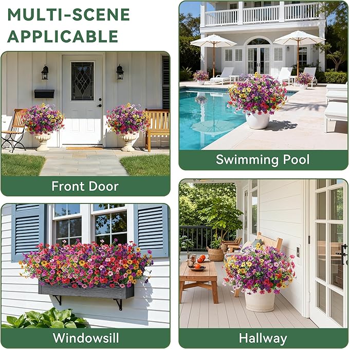 Ivydale Artificial Flowers for Outdoor 24 Bundles Fake Mums with Eucalyptus Leaves UV Resistant Silk Faux Daisy Flower Plant for Outside Home Porch Patio Window Box, Rose
