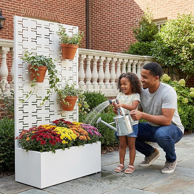 Casaphoria Metal Raised Garden Bed with Trellis, 59"x30"x12" Planter Box for Climbing Plants, Vegetables & Vines, Features Drainage Holes and Privacy Screen, White-Brick