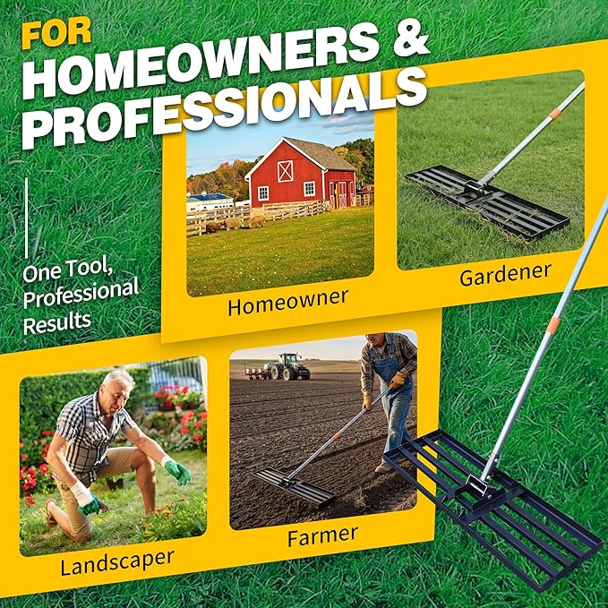 Lawn Leveling Rake 36x10 Inch, 6FT Heavy-Duty Carbon Steel Lawn Leveler – Yard Leveling Rake for Soil, Sand, Grass, Perfect for Lawn Repair, Pit Filling & Garden Maintenance
