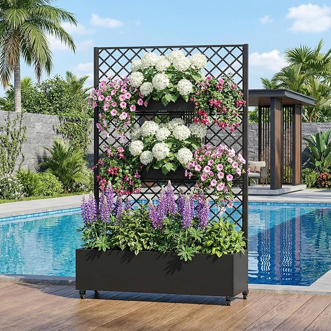 Casaphoria Metal Raised Garden Bed with Trellis and Wheels, 72"x47"x16" Arched Planter Box for Climbing Plants, Vegetables & Vines, Features Drainage Holes and Privacy Screen, Black-Rhombus