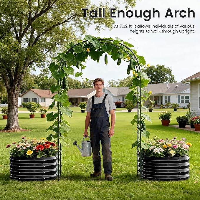 3 in 1 Galvanized Raised Garden Bed with 87" H Arch Trellis for Climbing Plants, Outdoor Gardening Planter Box with Climbing Net for Flower Vegetables Fruits Herbs, Black