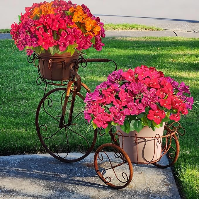 Spring Artificial Bougainvillea Flowers Fake Plants for Outdoors Porch Planters, UV Resistant Faux Realistic Silk Colorful Greenery for Summer Outside Patio Decoration, 8 Bundles