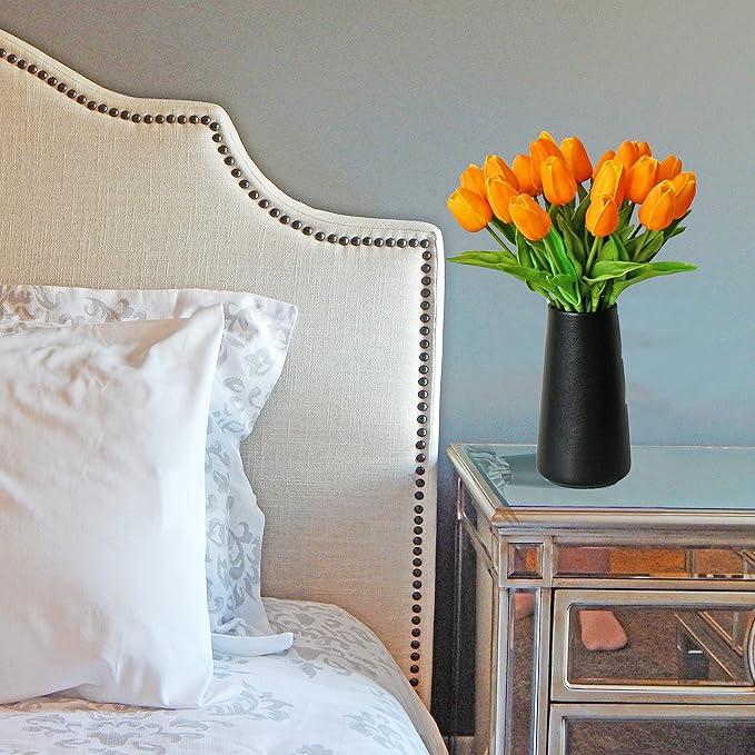 Mandy's Orange Artificial Tulips Flowers Centerpiece, 13.5" Lifelike PU Fake Floral Stems 20pcs for Kitchen Island & Dining Table, Spring Decor for Easter