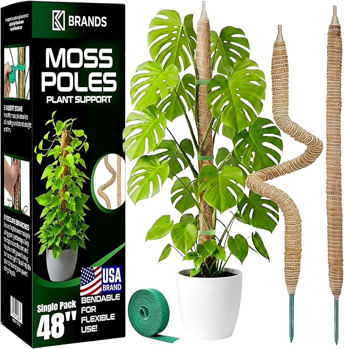 K-Brands 48'' Bendable Moss Pole Monstera Plant Support - Coconut Palm Fiber - Brown - Rectangular - Climbing Plant Support Structure