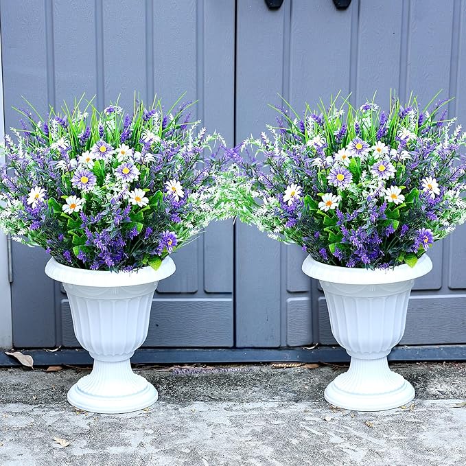 2 Pcs Artificial Potted Flowers for Outdoors - 16 Inch Large Pre-Assembly Purple Flowers Faux Plants Lavender Daisy for Outdoor Home Office Front Doors Patios Porches Yards Decor