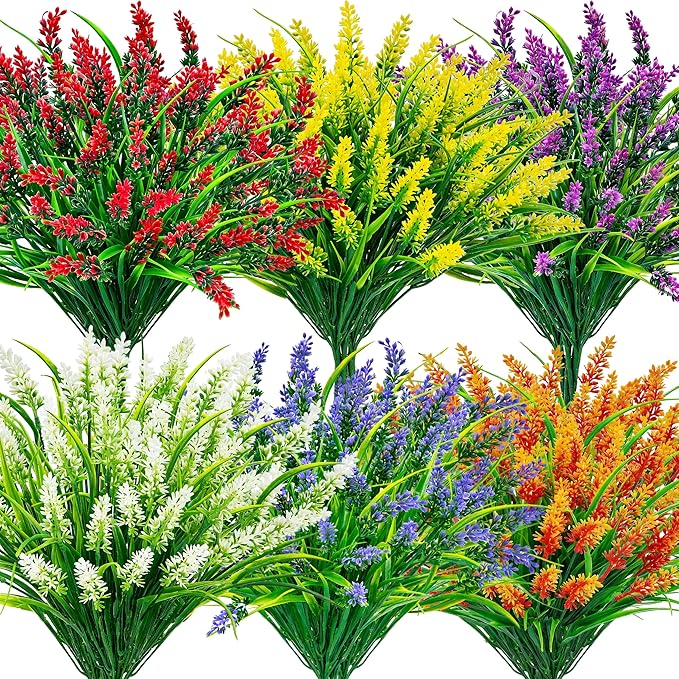 Der Rose 24 Bundles Artificial Plants Outdoor Fake Lavender Flowers UV Resistant Faux Plants Monkey Grass for Garden Porch Fence Patio Window Box Decor（Colorful）