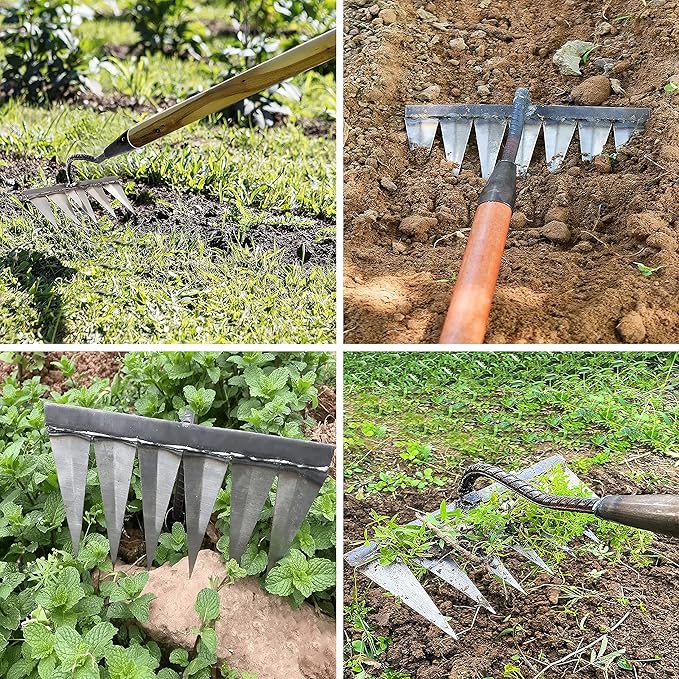 Garden Rake, Gardening Tools Heavy Duty Rake with 5 Metal Tines,Sharp Garden Weeding Tools, All Steel Hardened Hoe Garden Hand Rake Tools for Lawn Loosening Planting Weeding (5 Tines)