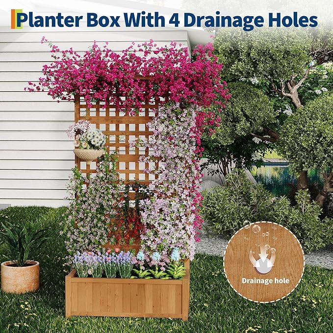 72"h Large Raised Garden Bed with Trellis & Roof, Outdoor Wooden Planter Box for Vine Climbing Plants, Flowers & Vegetables, Freestanding Horticulture Planter with Drainage Holes for Patio Yard Balcon