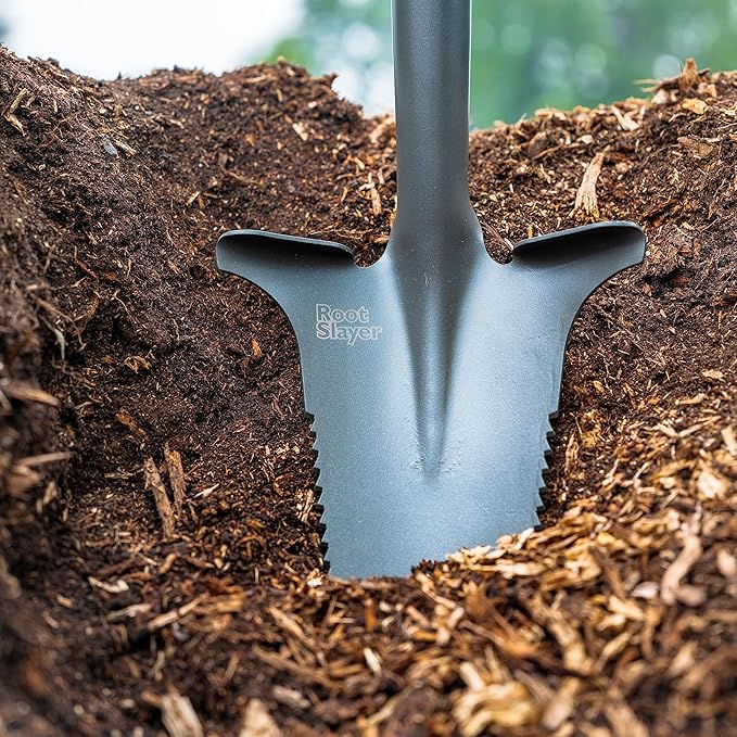 Root Slayer 22411 Mini Digger Garden Shovel with Serrated Blade for Digging and Root Cutting, Steel Spade, Red