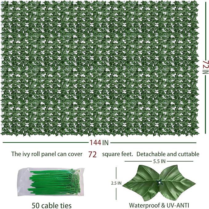 Odtory Artificial Ivy Privacy Fence Wall Screen: 72 x144 in UV-Anti Faux Greenery Backdrop Ivy Vine Leaf Hedges Fence Panels for Patio, Balcony, Garden, Backyard Indoor Outdoor Green Wall Decor