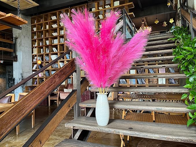 Premium Faux Hot Pink Pampas Grass – Fuchsia 43.3″ 8pcs Tall Fluffy Decor, No Assembly 18-Branch One-Piece Stems for Floor Vase Decor, Luxury Silk-Feel Feather Flowers (8 pcs/110cm)