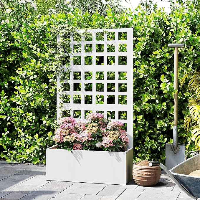 Outsunny Galvanized Raised Garden Bed with Trellis, Metal Planter Box with Drainage Holes, Outdoor Privacy Screen for Climbing Plants, Vegetable, Vines, 24" x 9" x 44.5", White