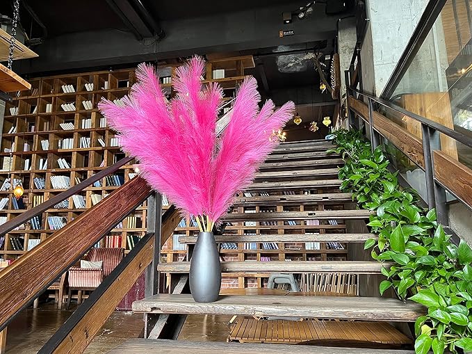 Premium Faux Hot Pink Pampas Grass – Fuchsia 43.3″ 8pcs Tall Fluffy Decor, No Assembly 18-Branch One-Piece Stems for Floor Vase Decor, Luxury Silk-Feel Feather Flowers (8 pcs/110cm)