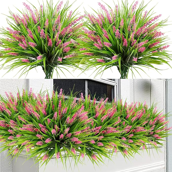 Sggvecsy 24 Bundles Artificial Plants Outdoor Faux Lavender Flowers Fake Monkey Grass UV Resistant Plastic Greenery Plants for Garden Home Porch Window Patio Hanging Planter Indoor Decor(Pink)