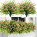 Sggvecsy 12 Bundles Artificial Plants Outdoor Faux Lavender Flowers Fake Monkey Grass UV Resistant Plastic Greenery Plants for Garden Home Porch Window Patio Hanging Planter Indoor Decor(Pink)