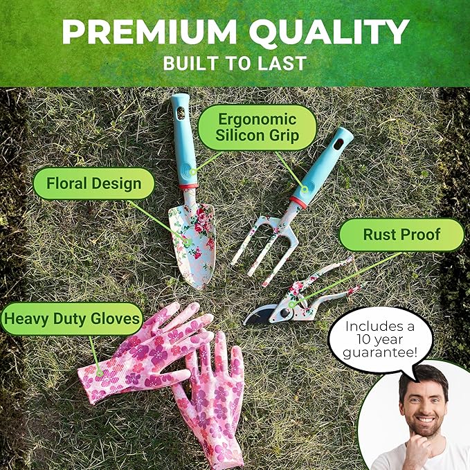 Nature Anywhere Gardening Tools for Women – Garden Tool Set, 5 Piece Gardening Kit with Garden Bag, Gloves, Shears & Trowel, Gardening Gifts for Women, Garden Tool Kit with Garden Tote Organizer