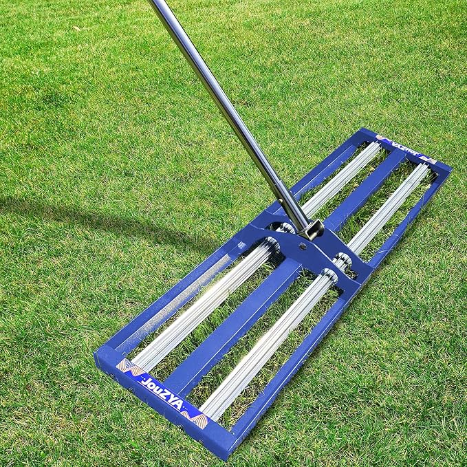 Updated Lawn Leveling Rake 30"x10", Lawn Leveler with Aluminum Rollers, Yard Leveling Rake Stainless Steel with 27-80" Adjustable Handle, Heavy-Duty Ground Leveler Suit for Garden,Golf,Lawn,Farm,Blue
