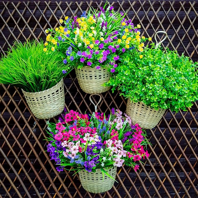 Fake Plants Flowers Outdoor Artificial Shrubs - 16 Bundles UV Resistant No Fade Faux Plastic Greenery Home Garden Porch Patio Decoration Office Indoor (Green)