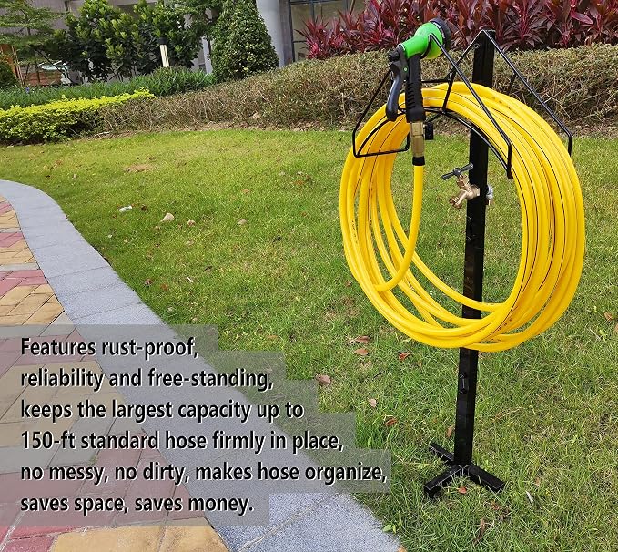 Artigarden Freestanding Outdoor Garden Hose Holder Stand with Brass Faucet, Heavy Duty Metal Water Hose Reel Storage Stake Rack for Backyard, Black (Hose not Included)