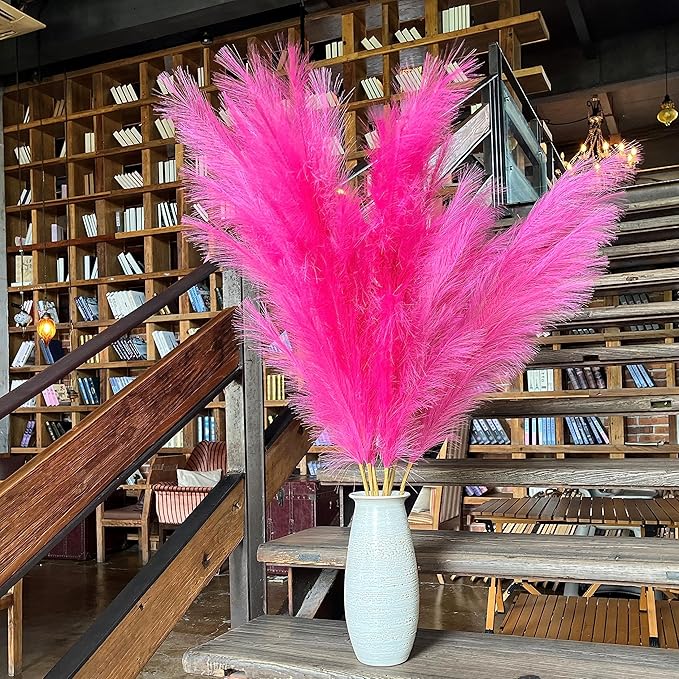 Premium Faux Hot Pink Pampas Grass – Fuchsia 43.3″ 8pcs Tall Fluffy Decor, No Assembly 18-Branch One-Piece Stems for Floor Vase Decor, Luxury Silk-Feel Feather Flowers (8 pcs/110cm)