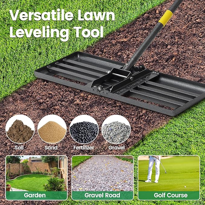 Lawn Leveling Rake - Heavy Duty 30" x 10" Lawn Leveler,Anti-Flip Edge, Adjustable 5FT Handle, Folding Plate for Yard, Soil, Sand, Topsoil Spreader - Garden Ground Top Dressing,Landscaping Tool