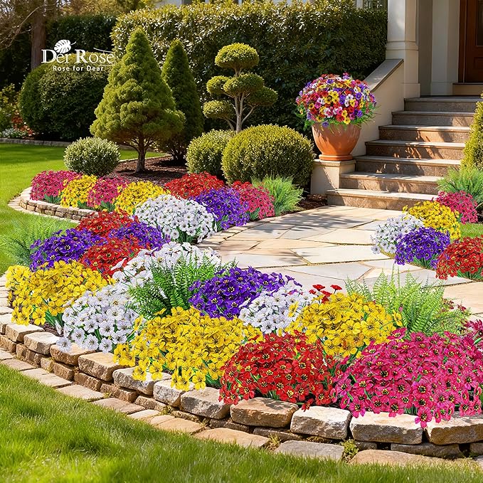 Der Rose 24 Bundles Artificial Flowers for Outdoors Fake Ferns UV Resistant Faux Spring Flowers for Outdoor Planters Home Garden Patio Front Porch Decor