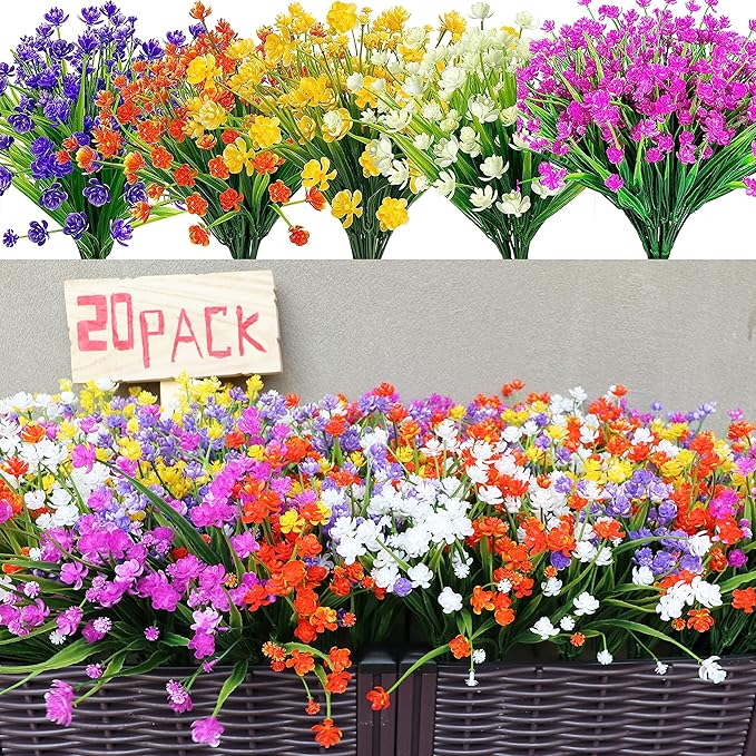 20 Bundles Artificial Fake Flowers, UV Resistant Faux Flowers Arrangement, Fake Plants Greenery Shrubs for Indoor Outdoors, Home Garden Patio, Porch, Hanging Planter, Window Box Farmhouse (5 Colors)