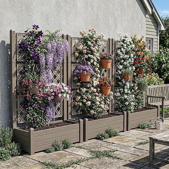 Elevated Raised Garden Bed with Trellis,Resin Planter Boxes Outdoor for Backyard Balcony,Large Patio Planter Box for Herbs Flowers Vegetables(Grey)