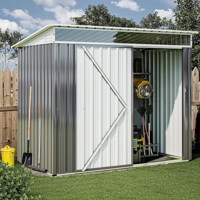 JY QAQA 6x4 FT Metal Outdoor Garden Storage Shed, Waterproof Metal Garden Sheds with Window and Lockable Double Door, Weather Resistant Steel Tool Storage House Shed for Garden,Patio,Lawn