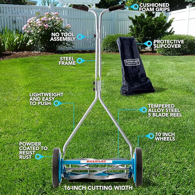 American Lawn Mower Company 2605-16 16-Inch 5-Blade Reel Push Lawn Mower, Includes Mower Cover