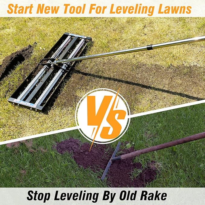 Updated Lawn Leveling Rake 40"x10", Lawn Leveler with Aluminum Rollers, Yard Leveling Rake Stainless Steel with 27-80" Adjustable Handle, Heavy-Duty Ground Leveler Suit for Garden, Golf Lawn, Farm